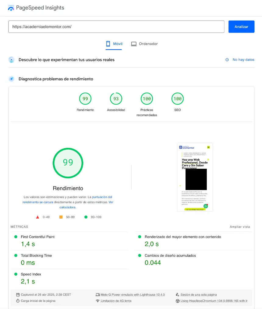 resultados de análisis con PageSpeed Insights de la web alojada en el hosting de Elementor