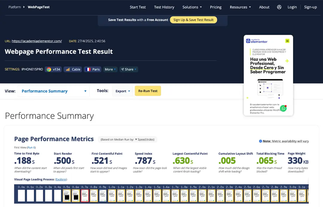 resultado de WebPageTest del análisis del mejor hosting para WordPress